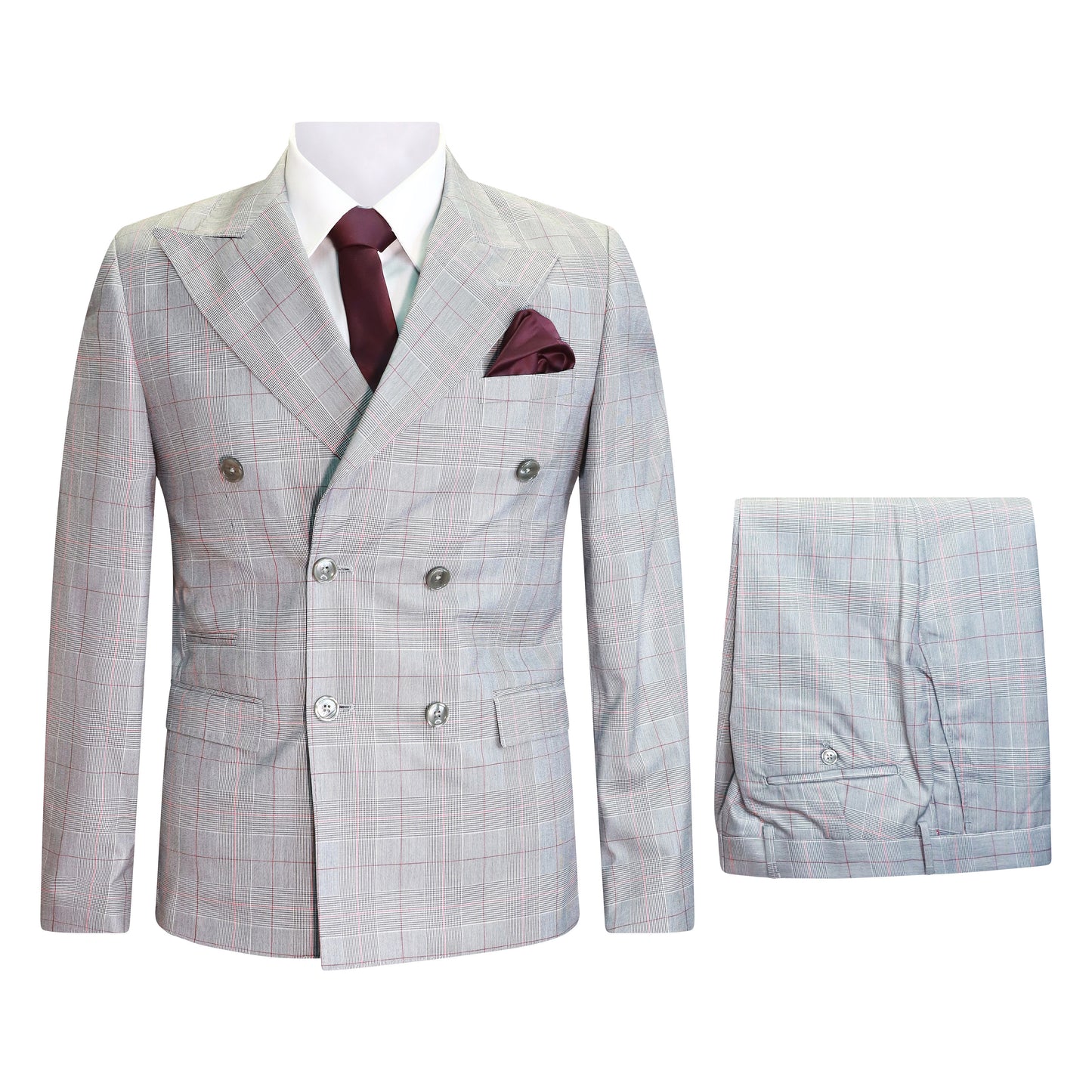 DOUBLE BREASTED L.GRY/PNK/BURG 2 PCS SUIT